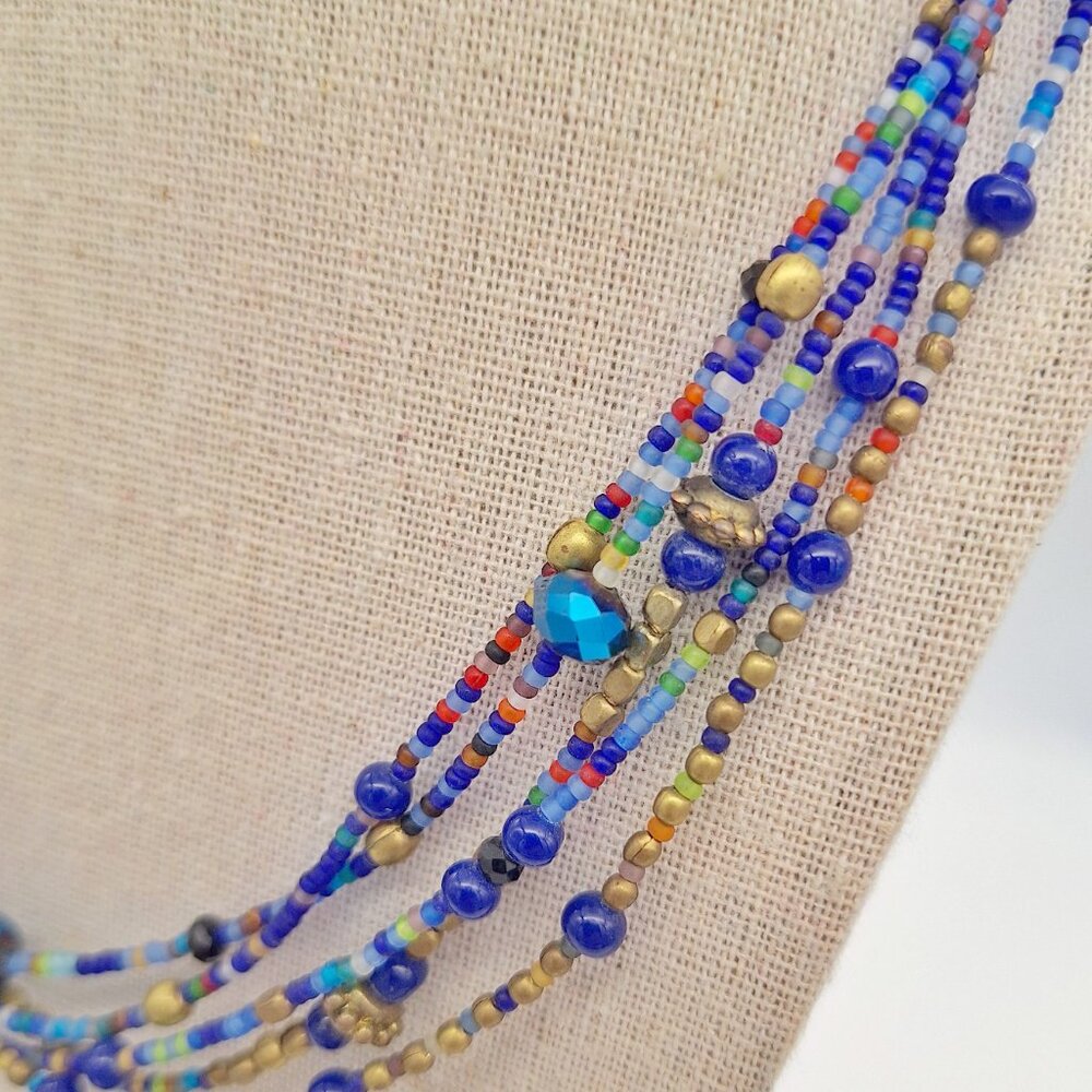 Multi Strand Blue Seed Bead Multicolor Necklace - Picture 5 of 11